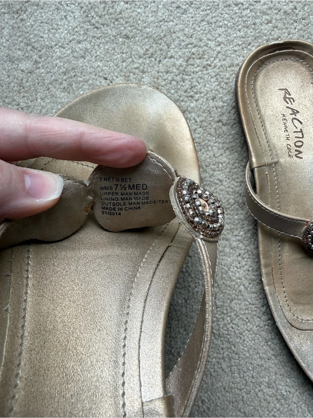Vintage Kenneth Cole Reaction Metallic Beaded Thong Sandals - Gold